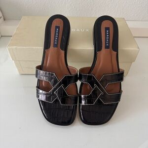 Margaux Dark Brown Croc-Embossed Leather Slide Sandals Size 37.5 Handmade